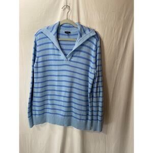 Talbots Blue Striped Preppy Coastal V-Neck 100% Cotton Sweater Large